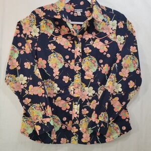 GAP Women's Large Western Shirt Navy Floral‎ Print Snap Front L-Slv Cotton